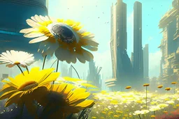 sunny day, flowers, epic, sci-fi, modern contemporary city