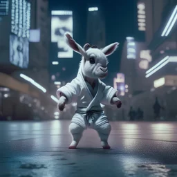 A cute Kawaii tiny hyper realistic baby donkey, wearing white karate clothes with street dance action, night of cyberpunk city background. wide angle full body, 8k, Cinematography, photorealistic,epic composition Unreal Engine,Cinematic, Color Grading, Portrait Photography,Ultra-Wide Angle, Depth of Field, hyper detailed