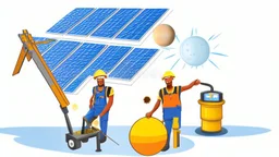 Solar system maintenance and repairs illustration with a black repair man