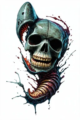 A MECHANICAL NON HUMAN SKULL AND PHALLIC SYMBOL DARK SLIMEY AND GIVING BIRTH SHARKS TEETH with a touch of H.R. Giger's biomechanical aesthetic. Hyperdetailed and rendered in 8k resolution, a true masterpiece. hyperdetailed intricately detailed Splash art action painting film noir photorealism psychedelic art telephoto lens aetherpunk horror post-apocalyptic VIVID IN COLOR