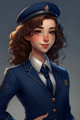 Lila is a young woman with a slender frame and an aura of quiet confidence that radiates from her every step. Her chestnut curls cascade down her back in gentle waves, framing a heart-shaped face adorned with warm, hazel eyes that sparkle with curiosity and determination. She is dressed in a neatly tailored, navy-blue apprentice's uniform, complete with a crisp white blouse and a vest adorned with intricate golden embroidery