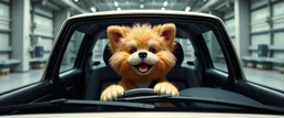 car driving happy 2d fluffy dwarf dog in the style of Escher and Giger and Fallout 4, pinhole cam, airbrush 3d rendering, on tv screen:A five-second cinematic single take in a clean industrial presentation hall.