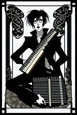 goth male necromancer with black hair playing a autoharp in the style of Aubrey Beardsley