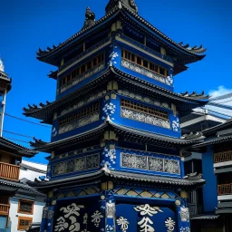 A dark blue tower with a balcony designed in Japanese Oni masks painted by MC Escher