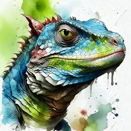 dnd, fantasy, watercolour, humongous strokes, stylistic, portrait, illustration, furry, lizard, personable face