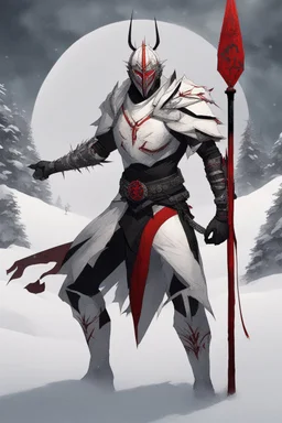 The character, depicted in a striking white armour against a wintry backdrop stands with his hands behind his back inside the scene, he has a red and black circular symbol on his chest like a shield, a black pointed spear with a red handle on his back, His eyes are showing a dynamic expression and he wears a black oni mask with white teeth covering the bottom part of his mouth he has brown shoulder pads and a white belt with a bag attached to it. He has dark brown hair, he does not wear a helmet