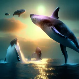 Whales in the sky, tribal tatoos, high key lighting, volumetric light high details, octane render, redshift render, mbient lighting, sunset