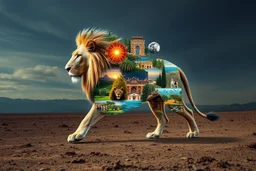 hyperrealistic visual expression of a lion forming from multiple layered scenes depicting various aspects of life. Each segment of the lion's form is a different snapshot of life, ranging from a bustling city street to a serene countryside, from an active underwater world to a tranquil forest scene. This majestic collage of life is seen striding unabashedly across a stark, desolate wilderness, underlining the beauty and vitality of life even amidst a barren landscape.