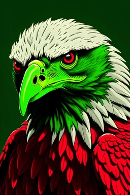 grey background; blood red, white animated eagle who's just eyes and beak are in focus. the eagle is looking down strictly mo green
