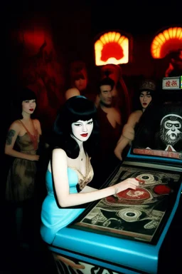 Betty Page and demonds, art from japanese style 1980 movie. Heavy metal arcade. perfect lighting, leica summicron 35mm f2.0, kodak portra 400, film grain. hangover post party, wasted.