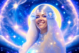 very beautiful cosmic women with white long hair, smiling, with cosmic dress and in the background there is a spaceship with light below and a bautiful sky with stars and light beam