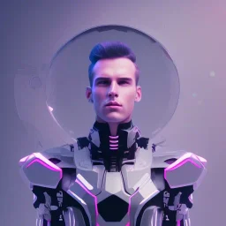 handsome man, cute man, handsome man in futuristic suits, black and white highlight hair color, pink and blue background, pink lighting, deep purple backlighting, smoke, robot suits,ant