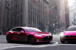 A Tesla 'Model S' is drifting at high speeds, on 'Wall Street', in New York. (CINEMATIC, WIDE ANGLE LENS, PHOTO REAL)