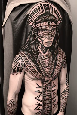 long haired warrior with tribal tattoos and cloak