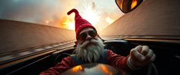 weird perspective worried yoga legend race car going sideways in ramp driver close up portrait of dj magic gnome farmer pilot looking down on cam, with background in the style of escher and giger, a chill contrapunctus fugue in the style of fsol, beethoven, goa trance breaks, dancefloor drum and bass, burning cars, fire storm lightening, and explosions