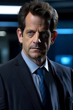 Ioan Gruffudd as Doctor Who, lightweight grey suit and a navy polo shirt.