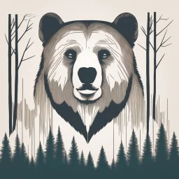 M shaped bear head combined with woods silhouette in backround, letterpress style, minimalistic clean illustration