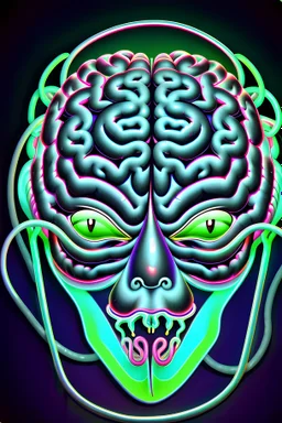 Vintage illustration of a slimey silver brain, shimmering and reflecting light, melting like broken glass, cartoonist animation style, hand drawn, neon lighting, gross art, pop punk, 90s anime inspired, airbrushing, post modern, horror cut, gradient chrome abberations, retro weird drawings, alien brain matter, blood spatter , scifi punk