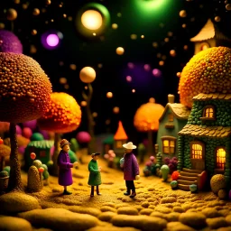 Detailed people, street made of modeling clay and felt, village, stars, galaxy and fog, planets, moon, volumetric light flowers, naïve, Henri Rousseau, strong texture, extreme detail, Yves Tanguy, decal, rich moody colors, sparkles, Harry Potter, bokeh, odd, shot on Ilford