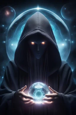 insanely detailed photo of hooded figure with glowing eyes gazing into a crystal ball against a galactic background rife with occult symbols and a vapowave motiff