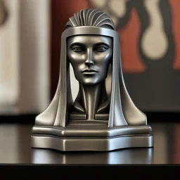 3d, vintage, art deco, retro futurism, queen face chess, elongated, fancy, pewter, brutalist, simplistic, statue, bas-relief, 1930s,