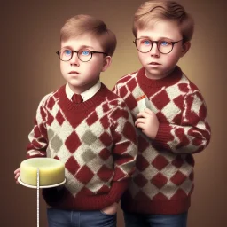 lonely peter billingsley is a chubby kid with glasses, gripping a single Dark red soap bar, ((brown))argyle sweater