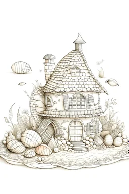 outline art, a miniature house crafted from seashells, positioned on a sandy beach. The roof is formed from overlapping shells, and the interior is filled with treasures from the sea, only outline, clear line art, white background, no shadows, no tones color, no detailed artwork, clear and well outlined.