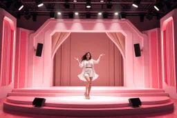 A 3D recursive structure modern stage with a pretty lady in modern clothing dancing,animating background stage