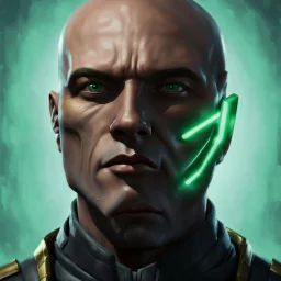 star wars bald male corellian jedi pilot wearing gunmetal grey and black old republic armored robes with gold trim inside the jedi temple holding a lightsaber with viridian green blade in left hand, centered head and shoulders portrait, hyperdetailed, dynamic lighting, hyperdetailed background, 8k resolution, volumetric lighting, light skin, fully symmetric details