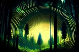 abstract sine waves overlay with spectral binary emitting god rays. The background should be a very detailed illustration style representation of the planetary system of a extremely ancient, yet advanced, forest based civilisation.
