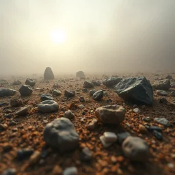 A striking quality close-up photograph captures a wasteland with odd stones, spooky, creepy, details of the dust very accentuated, glossy, organic, adorned with minerals and rocks, fog. Bathed in intense light, eerie, Max Ernst style, black sun, fog