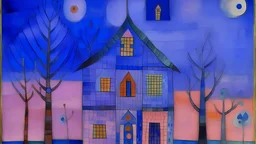 A violet haunted mansion filled with spirits painted by Paul Klee