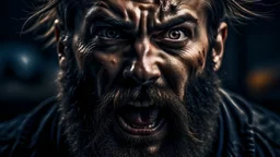 Something bearded that is human yet is not quite human at the same time, intense rage, trepidation, fear, hyperrealistic, cinematic background.