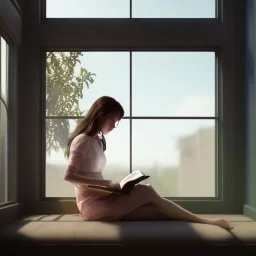 Study girl read a book in by the window, movie, real photo realistic, unreal engine, cinematic lighting --ar 1:1 creative