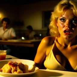 Spooky, ultra realistic, distress, dining, ultra realistic hot woman show breast, pieces of meat, organic hot blonde dynamic, anguish, excited and lively scene, hypermaximalist, creepy, Sam Raimi, insanely detailed, sinister, John Carpenter