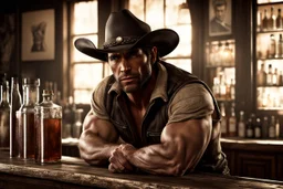 Rough looking muscular cowboy photorealistic in a saloon waiting for the bartender