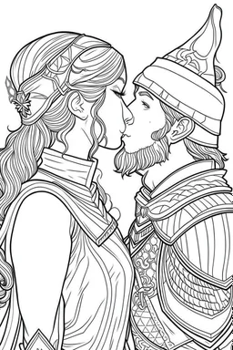 Fantasy coloring page, minimal detail. HD. Woman kissing a male knight with a beard. No background detail.