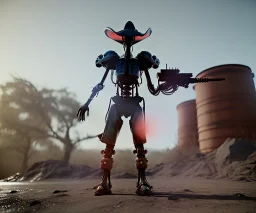 Alien, mech, vest, jellyfishsombrero, metal, holding gun, steel hands, strong, chest plate, holding rifle, pauldrons, pressurized cowboy boots