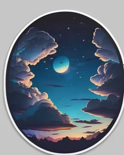 un hermoso paisaje del cielo en la noche en un circulo , sticker, caricatura