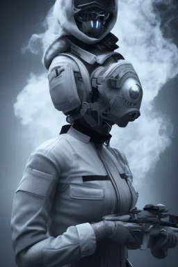 All Black female british soldier, ghost, wearing high tech mask, white smoke, dark, rage, sorrow, high definition, ultra 8 k, volumetric lighting, blue fire, fog