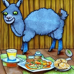 Cute llama is having breakfast. Ink and pencil, colours