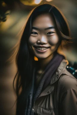 portrait of an asian girl smiling, outdoors, dslr camera, cinematic photography, epic angle, dark colour tone