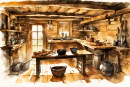 ink wash and watercolor illustration of the interior of an 18th century rough hewn New England cabin, with a dry laid stone hearth , rustic furniture , kitchen utensils, hanging herbs , curing game meat, in the comic book style of Bill Sienkiewicz and Jean Giraud Moebius , sharp focus, natural light and shadow, rich earth tone colors