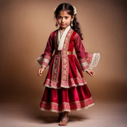 full body 7years old girl ,simple background, full body of very pretty little girl in azeri dance wearing A underdress or shirt, often made of silk,A fitted, often velvet or brocade, jacket worn over the shirt.Wide, bell-shaped skirts are worn, often long and layered to create beautiful movements while dancing, with a long lace scarf at back of her head ,with pretty shoes,in T pose looking at camera.