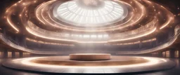 Standing in the center a circular Assembly Hall, hyperrealistic 16k, 3d rendering, expressively detailed, dynamic light, expressive lighting,