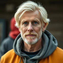 cool blonde hair blonde eyes guy 55 years old rodfessor yound in a hoody talking about philiophy ton his friends, avatar style life realism
