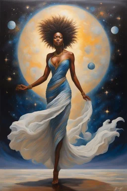 As she walks, her hair flows behind her like a celestial river, adding to the sense of movement and dynamism in the painting. Her presence is captivating, drawing the viewer into her orbit with her magnetic charm and grace. Overall, the painting captures the beauty and majesty of the cosmos, juxtaposed with the strength and resilience of the African female form. It's a celebration of diversity, beauty, and the infinite possibilities that lie within the universe.