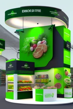 Corner green exhibition stand of a food company with product displays and a meeting area