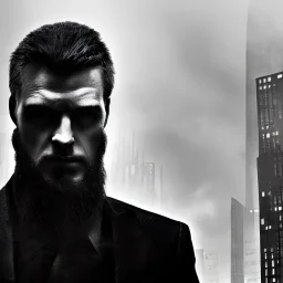 tall brooding man, dystopian city, sin city style