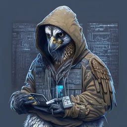 A falcon as a military hacker using a hoodie and hacker gadgets